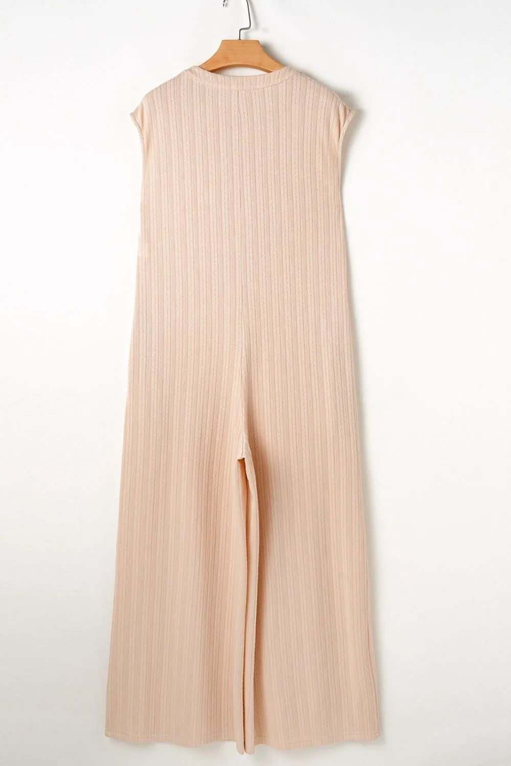 Daverri blush pink ribbed knit sleeveless high-waist wide-leg jumpsuit on hanger