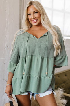 Laurel Green tie split neck textured ruffle patchwork blouse in soft sage green