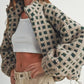 Cozy Daverri plaid zip-up sherpa jacket in beige and dark green checkered pattern