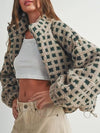 Cozy Daverri plaid zip-up sherpa jacket in beige and dark green checkered pattern