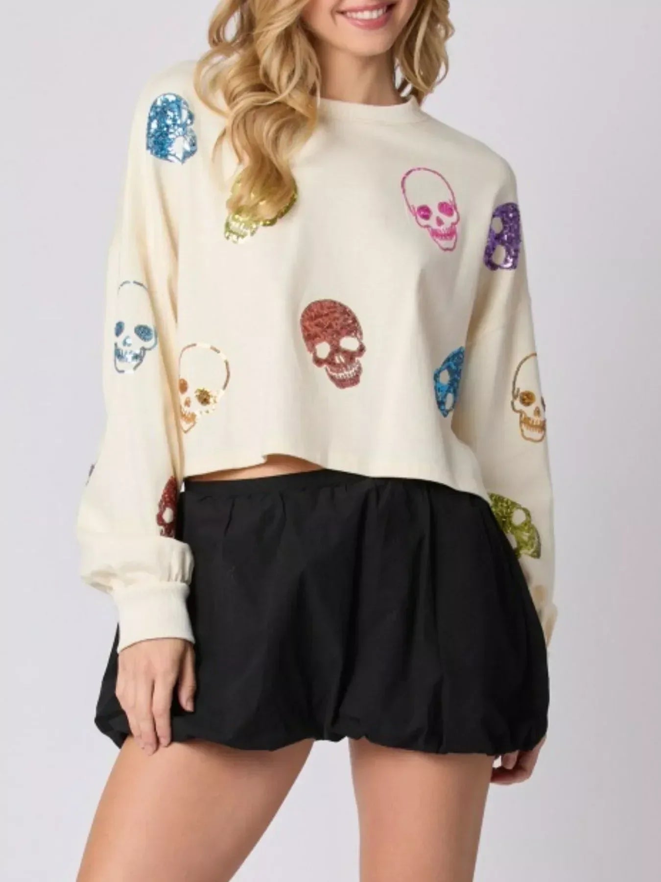 Sequin Skull Long Sleeve Sweatshirt - DAVERRI FASHIONS
