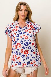 BiBi Leopard Notched Ruffled Cap Sleeve Blouse | Blouses Daverri Fashions