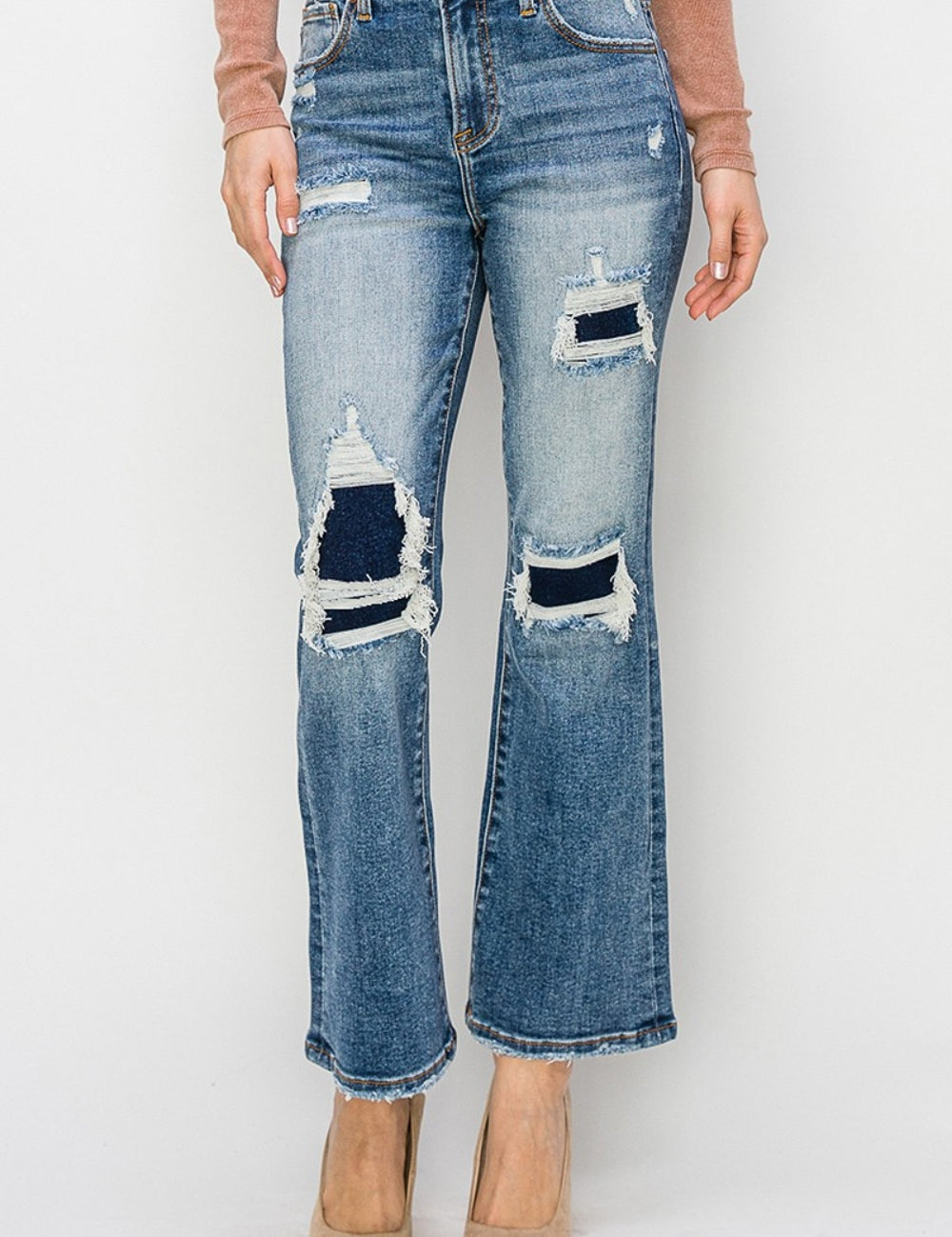 Risen Full Size High Rise Distressed Ankle Flare Jeans Dark