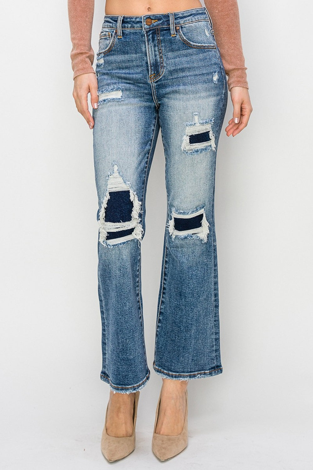 Risen Full Size High Rise Distressed Ankle Flare Jeans Dark