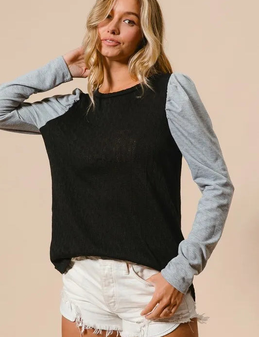 BiBi Cable Sweater Knit Top with Contrast Puff Sleeve | Knit Tops Daverri Fashions