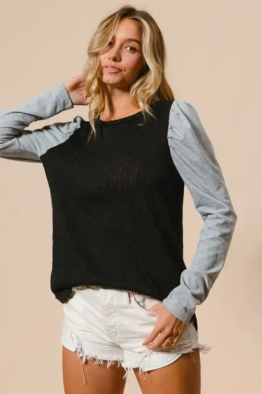 BiBi Cable Sweater Knit Top with Contrast Puff Sleeve - DAVERRI FASHIONS