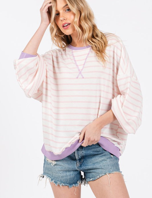 Ces Femme Striped Round Neck Drop Shoulder Sweatshirt