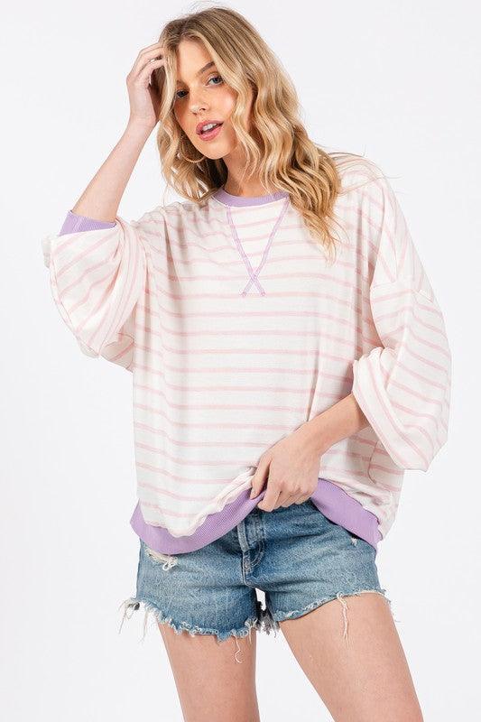Ces Femme Striped Round Neck Drop Shoulder Sweatshirt - DAVERRI FASHIONS