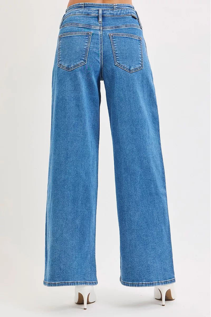 RISEN Full Size Mid Rise Fit Wide Leg with Pleated Detail Jeans Plus Size | Jeans Daverri Fashions