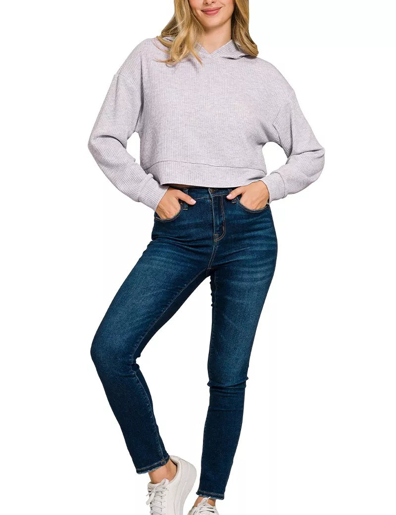 Drop Shoulder Ribbed Crop Hoodie Heather Grey | Hoodies Daverri Fashions