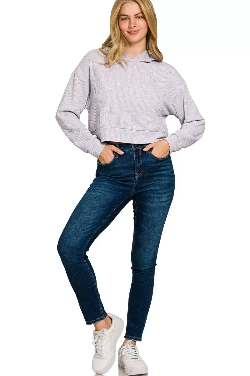 Drop Shoulder Ribbed Crop Hoodie Heather Grey - DAVERRI FASHIONS