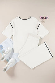 White Contrast Trim Round Neck Top and Pants Set with Black Mesh