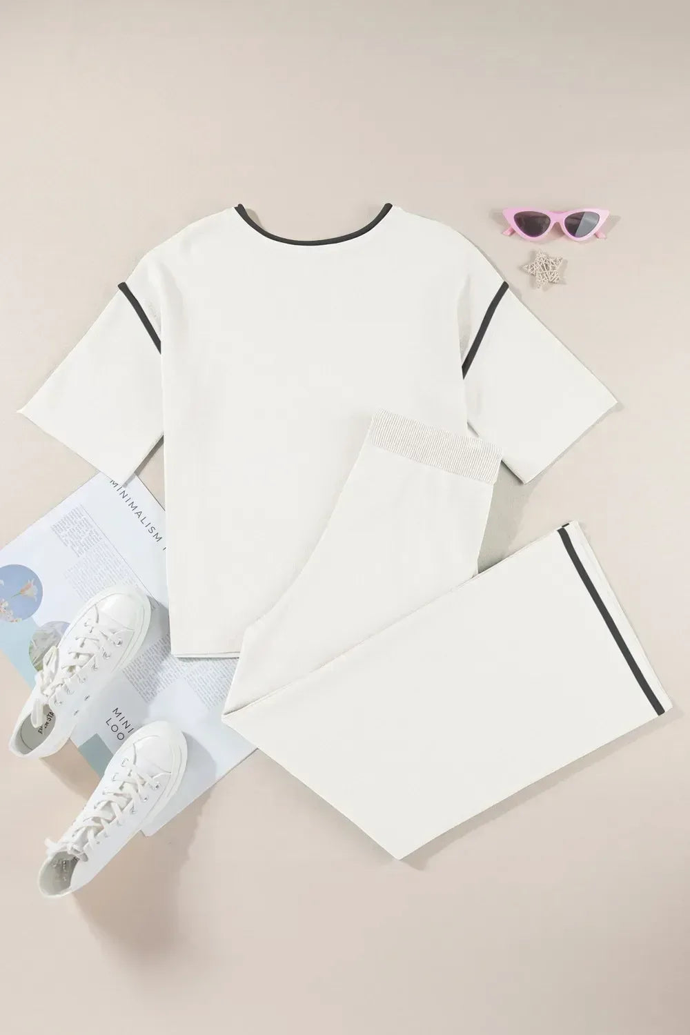 Daverri Fashions Contrast Trim Round Neck Top and Pants Set - DAVERRI FASHIONS