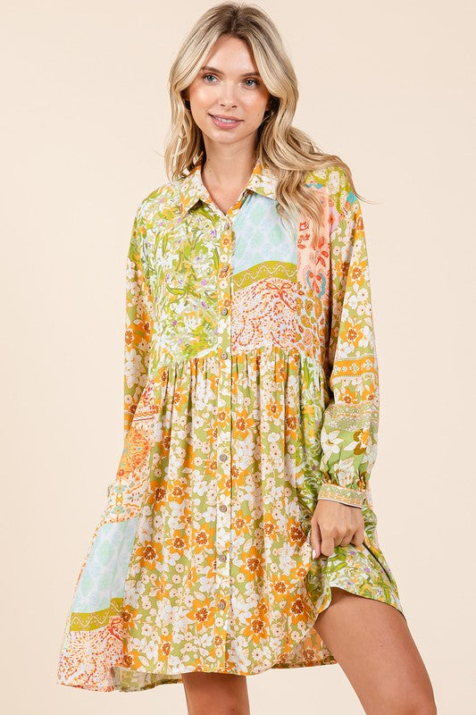 Mittoshop Floral Button Detail Long Sleeve Shirt Dress Mini Dresses