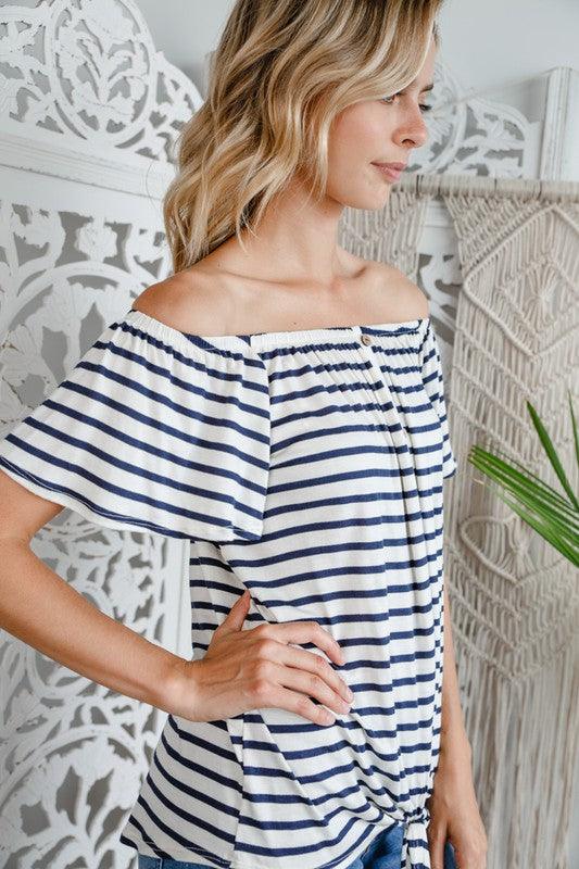 STRIPE OFF SHOULDER BUTTON DOWN TOP Shirts & Tops