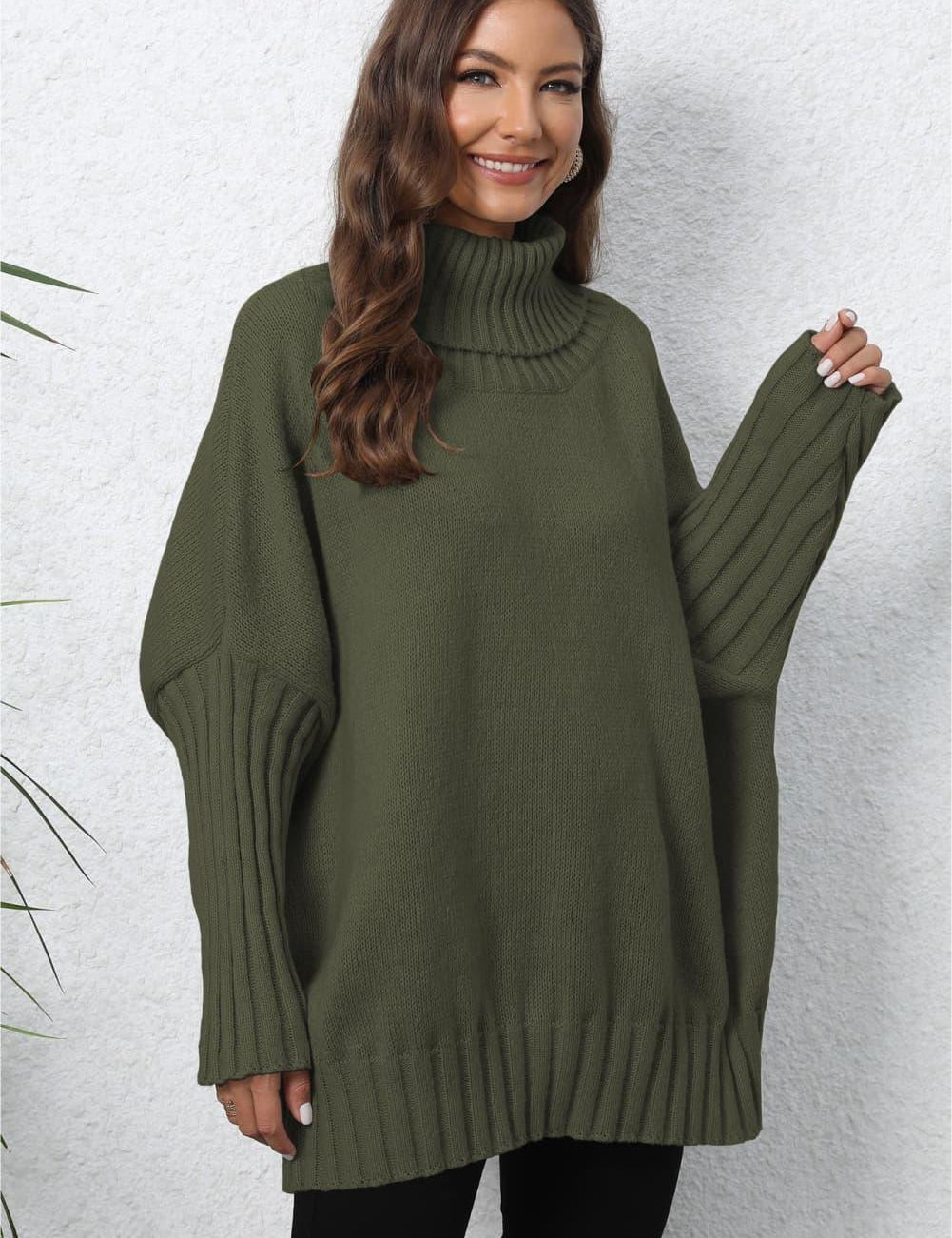 Olive green oversized turtleneck ribbed sweater with long sleeves