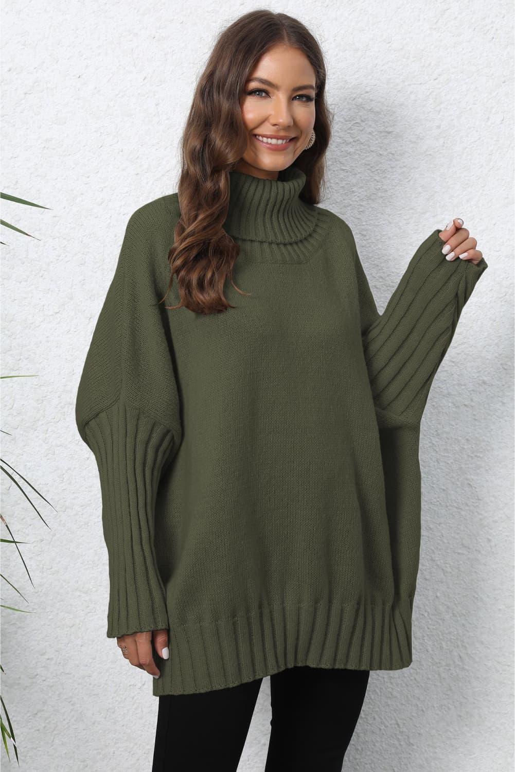 Olive green oversized turtleneck ribbed sweater with long sleeves
