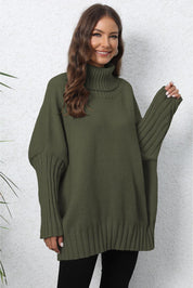 Olive green oversized turtleneck ribbed sweater with long sleeves