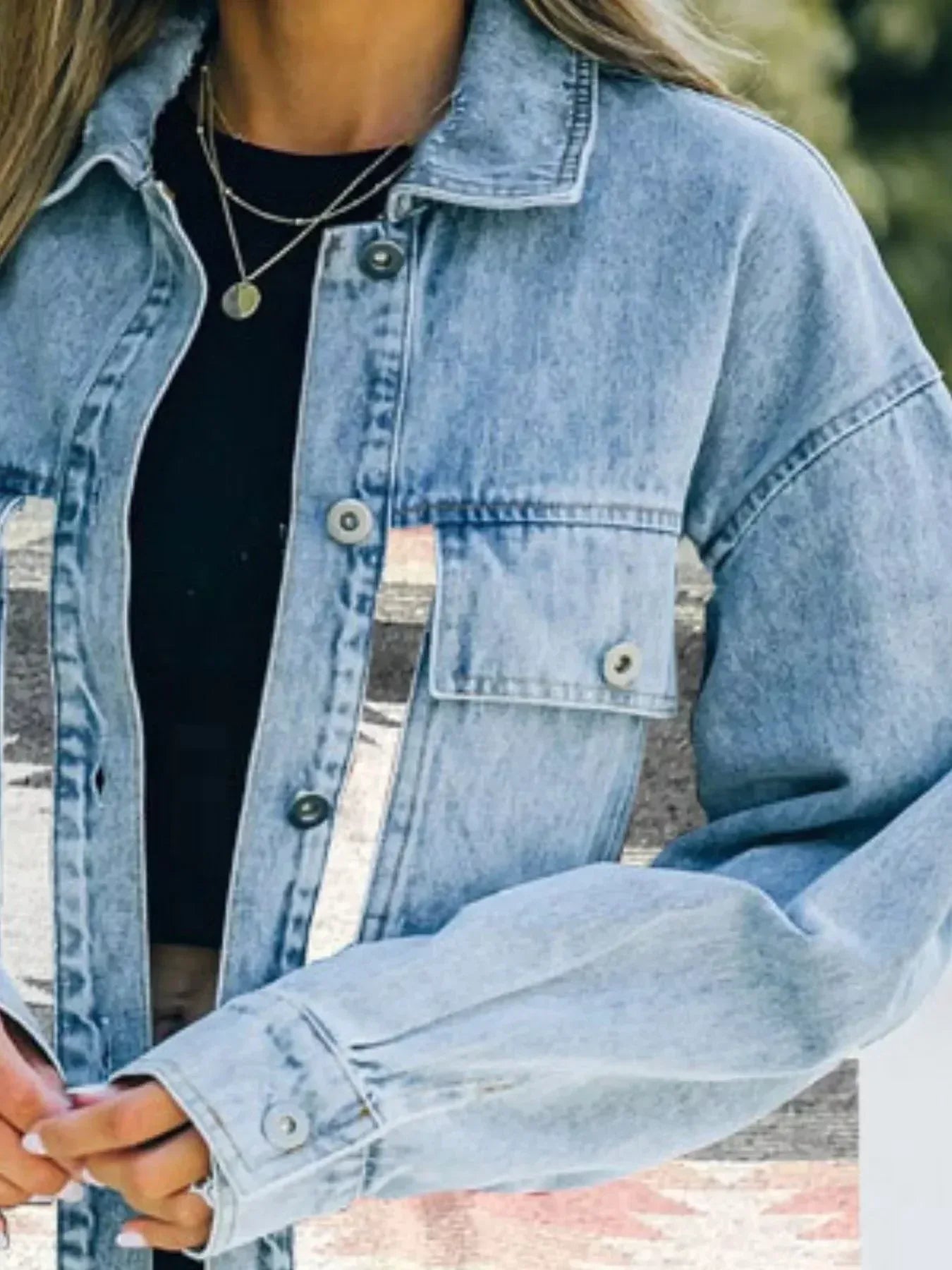 Printed Botton Down Long Sleeve Denim Jacket - DAVERRI FASHIONS