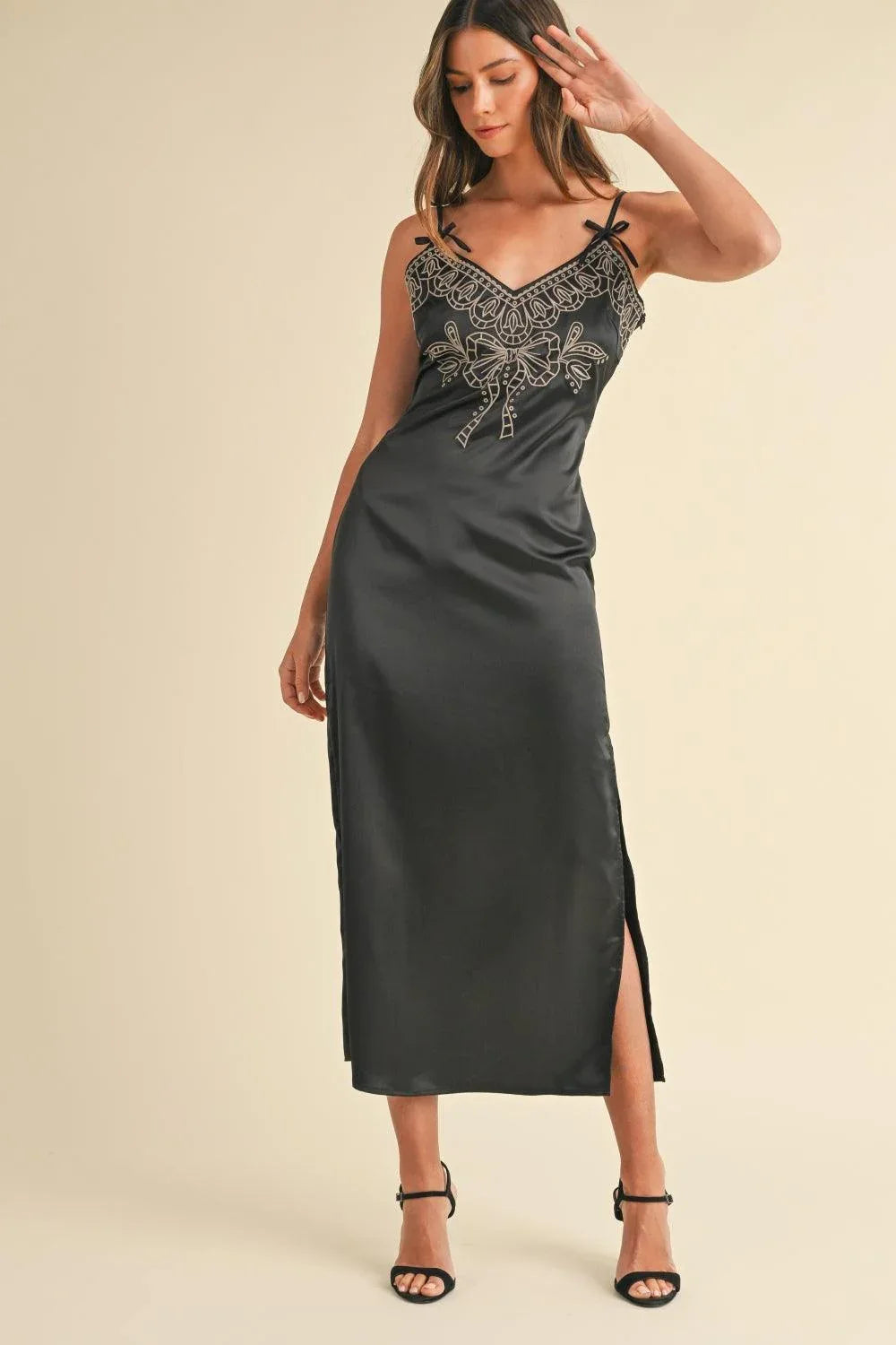 Mable Embroidered Cami Satin Midi Slit Dress - DAVERRI FASHIONS
