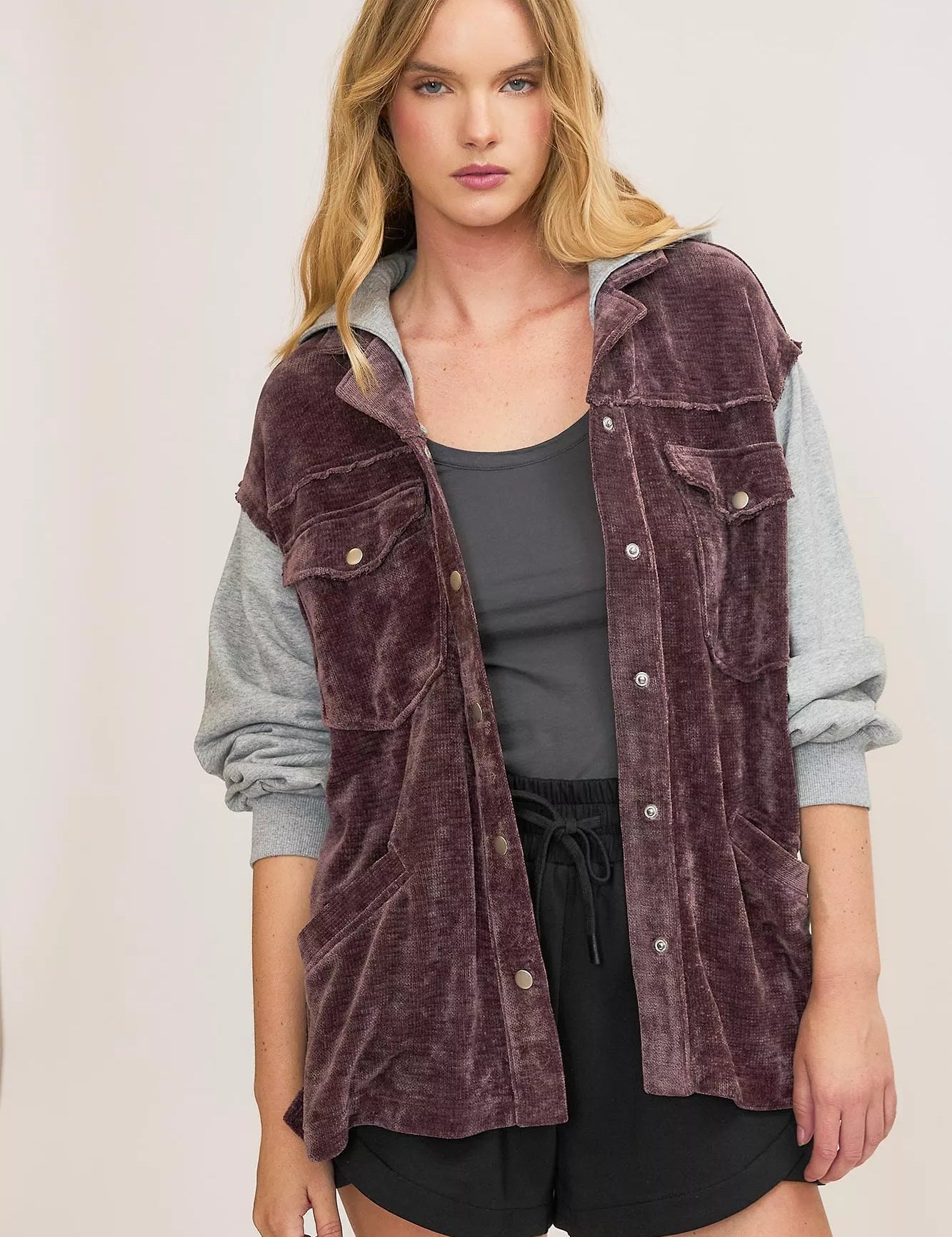 Umgee Contrast Hooded Chenille Jacket Plum | Jackets Daverri Fashions