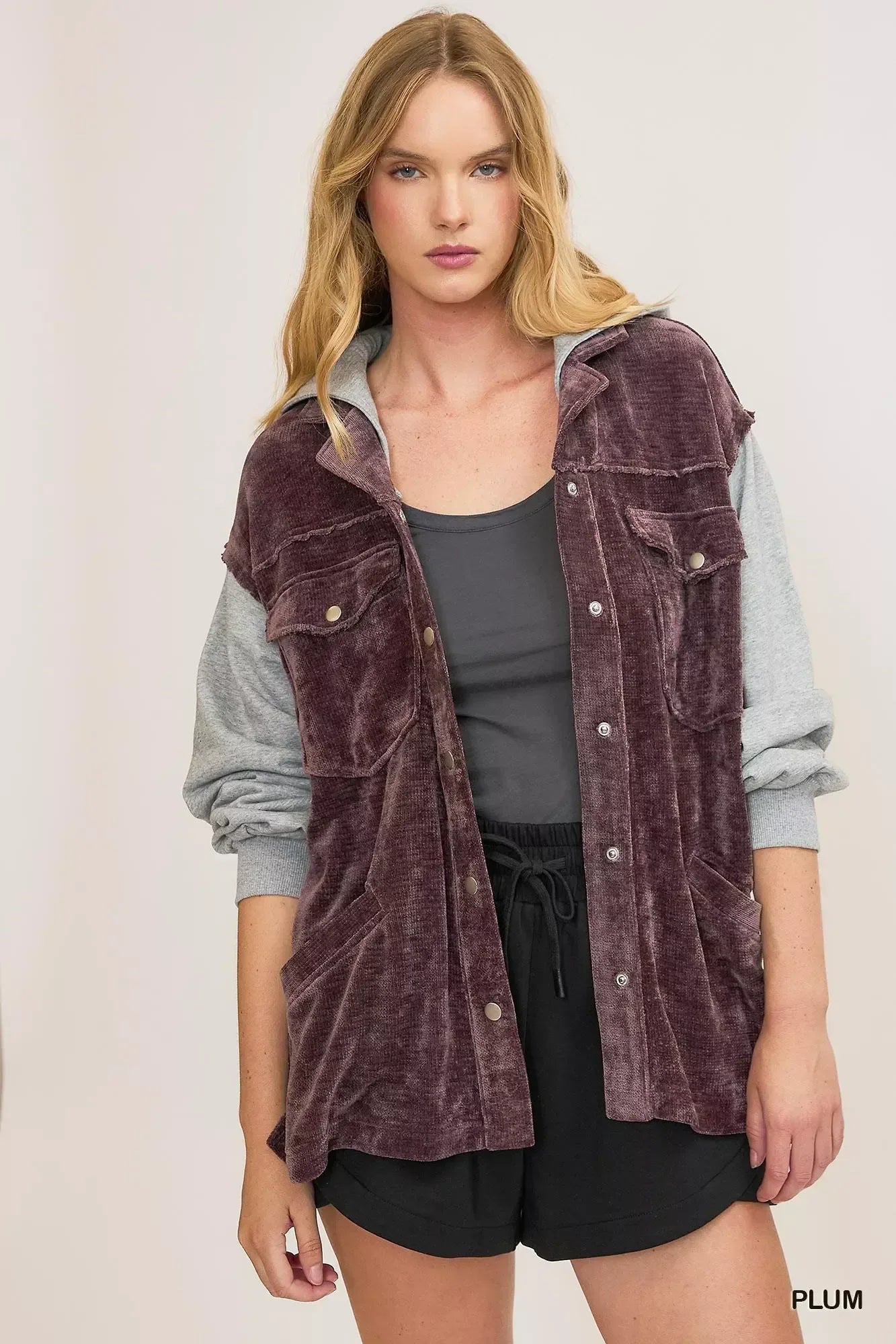 Umgee Contrast Hooded Chenille Jacket Plum - DAVERRI FASHIONS