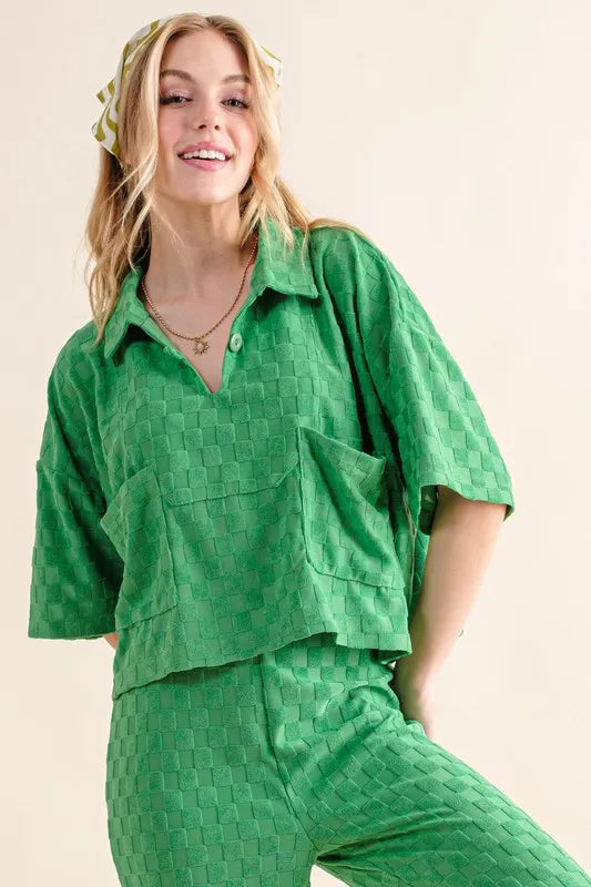 Green And The Why checkerboard pajama top with pocket and collar