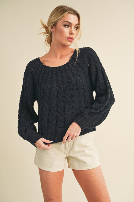 Aemi + Co Cable-Knit Openwork Round Neck Sweater Black