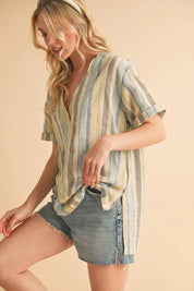 Aemi+Co Side Slit Striped Short Sleeve Blouse | Daverri Fashions
