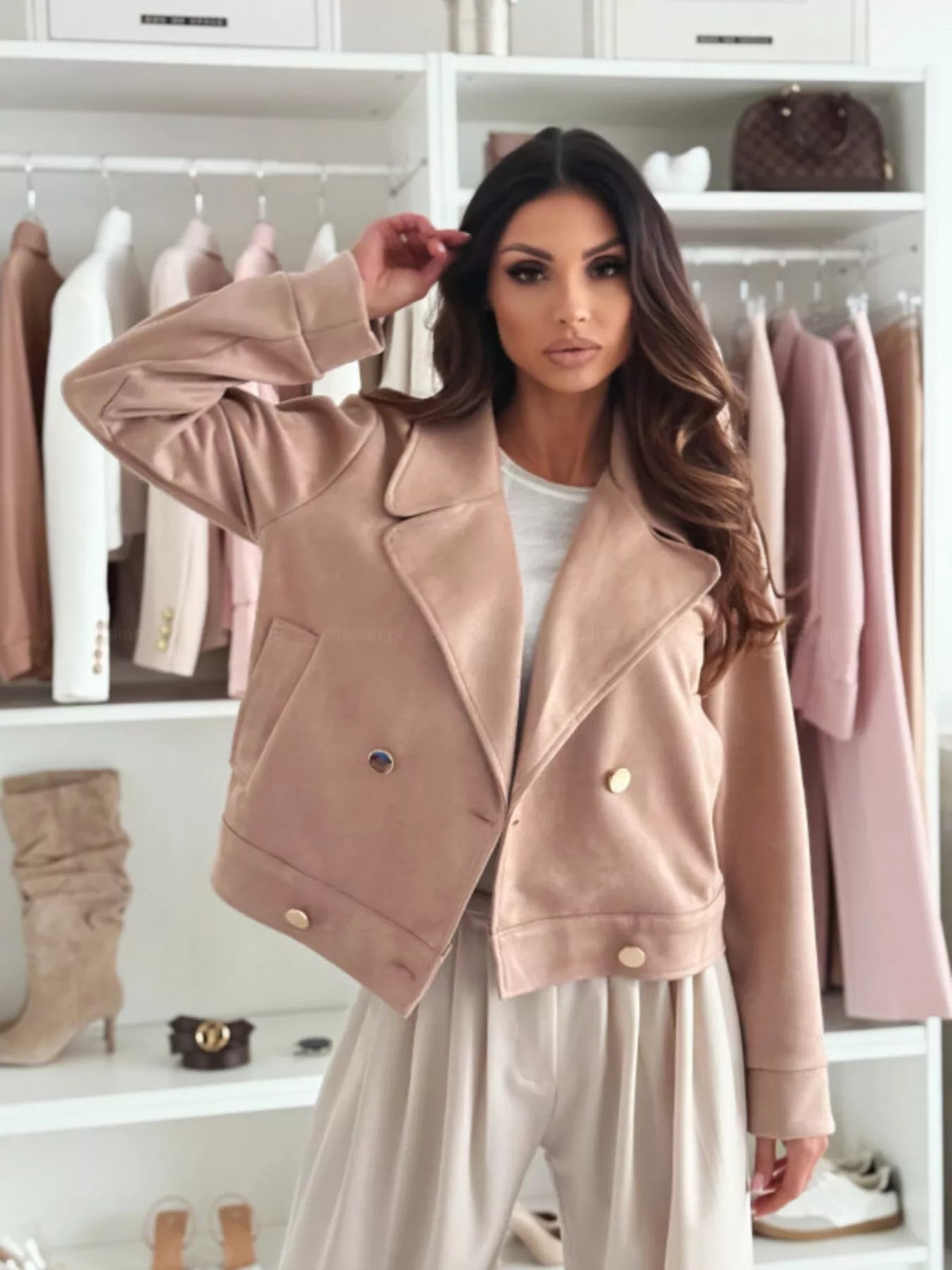 Daverri double-breasted lapel collar jacket in soft beige with gold buttons