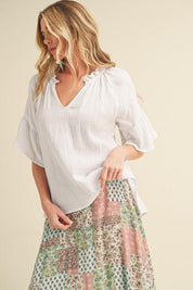 Aemi + Co Side Slit Notched Ruffled Half Sleeve Blouse | Blouses Daverri Fashions