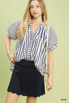 Navy blue scalloped hem skirt with Umgee striped notched top