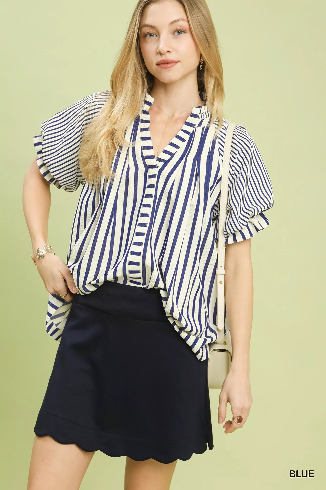 Navy blue scalloped hem skirt with Umgee striped notched top
