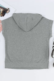 Gray sleeveless drawstring quarter snap cap sleeve hoodie with hood