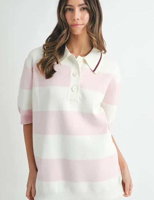 Pink MABLE Oversized Stripe Polo Collar Sweater | Sweaters Daverri Fashions