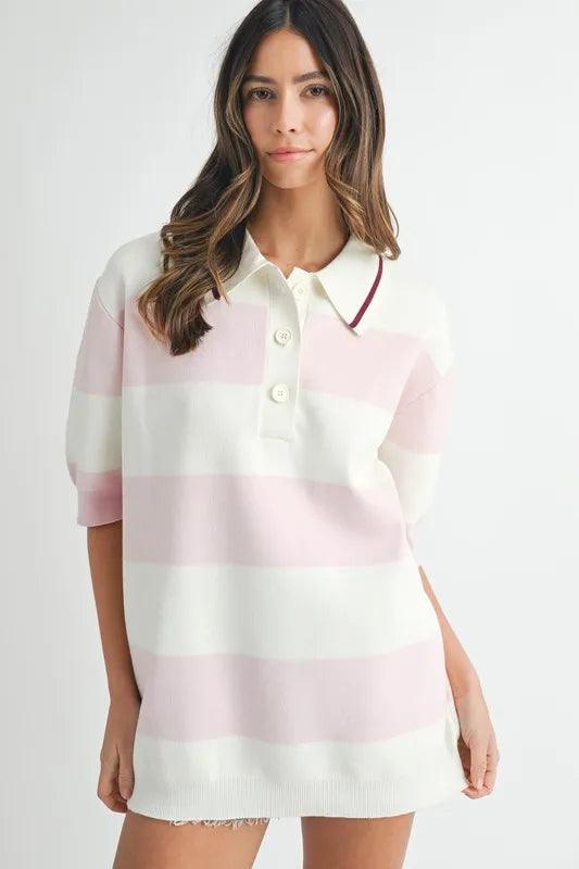 MABLE Oversized Stripe Polo Collar Sweater Pink Sweaters