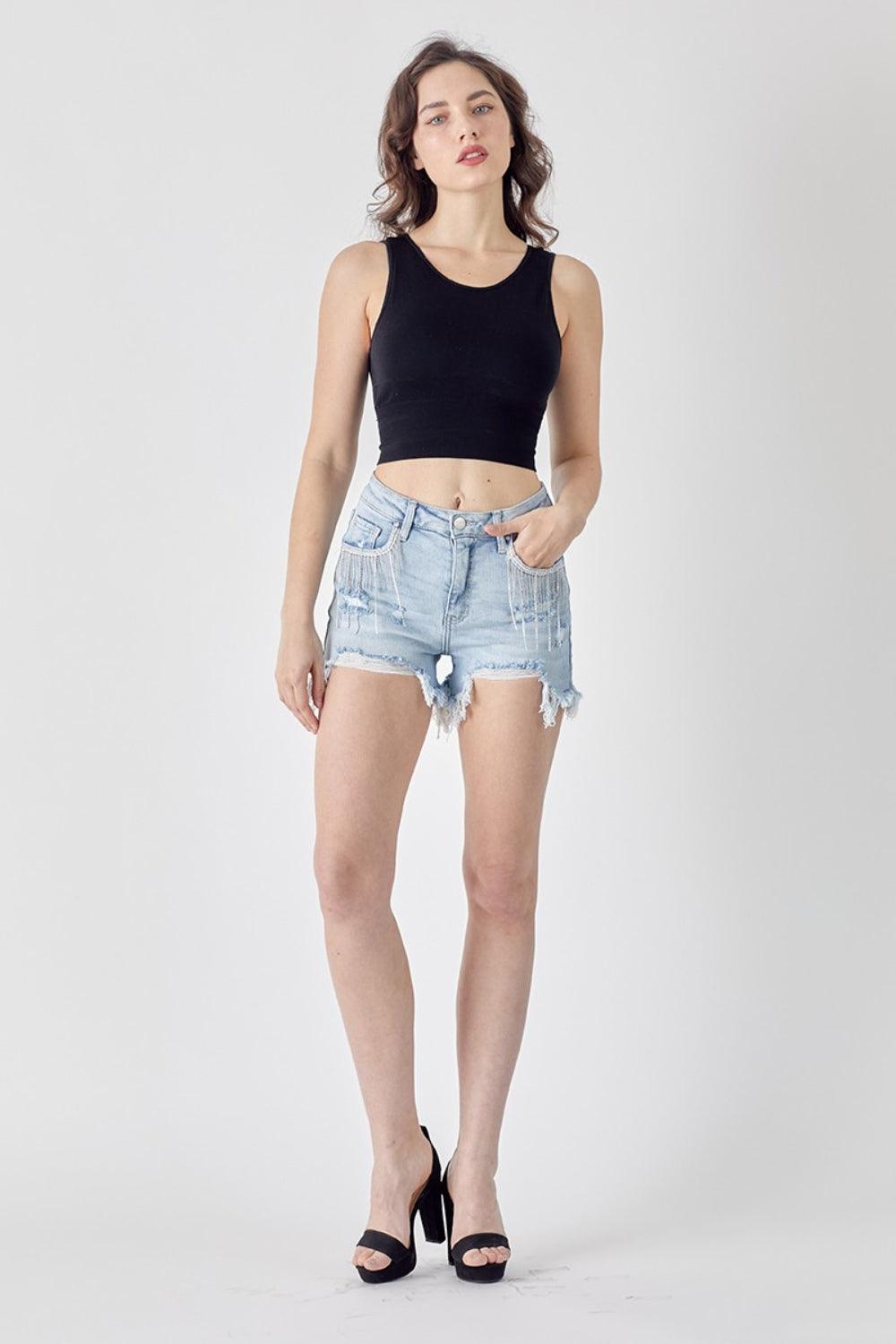 RISEN Frayed Hem Denim Shorts with Fringe Detail Pockets Denim Shorts