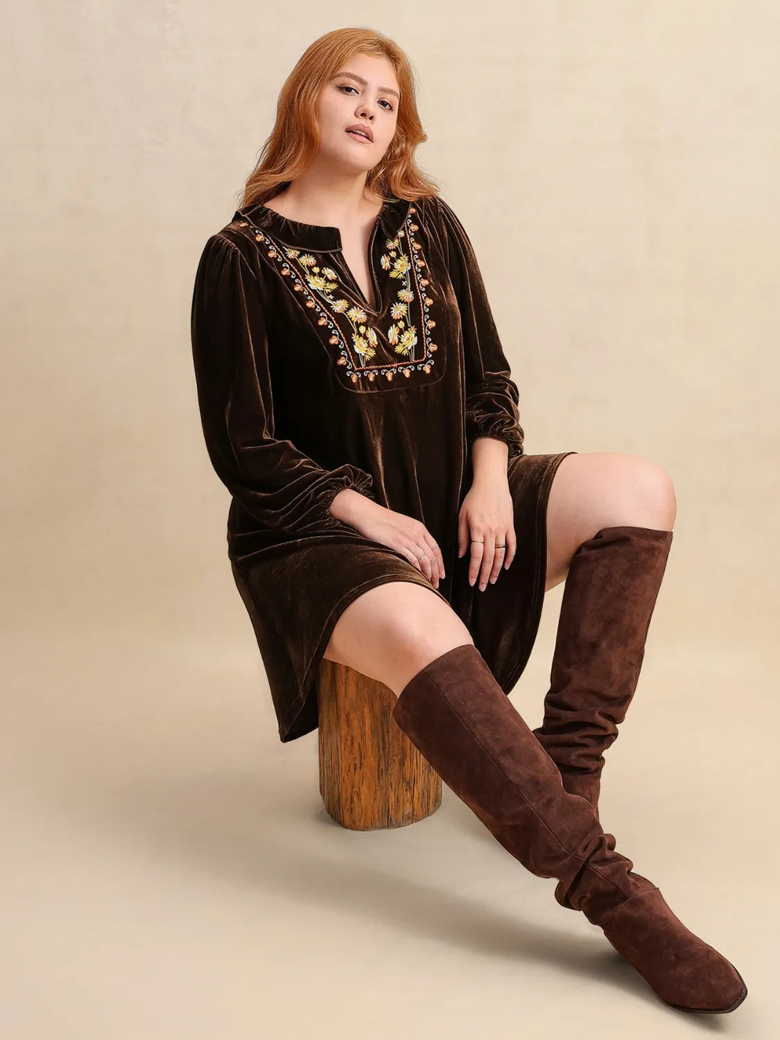 Plus Size Embroidered Notched Balloon Sleeve Mini Dress | Daverri Fashions