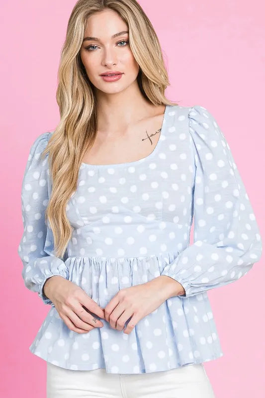 Lime 'N' Chili Polka Dot Print Balloon Sleeve Babydoll Peplum Top | Tops Daverri Fashions