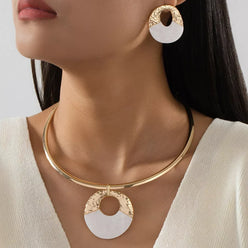 18K Gold-Plated Circle Pendant Necklace and Earrings Jewelry Set - DAVERRI FASHIONS
