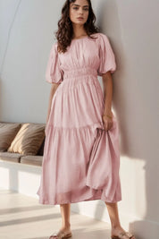 Dusty rose puff sleeve pleated high waist flowy midi dress