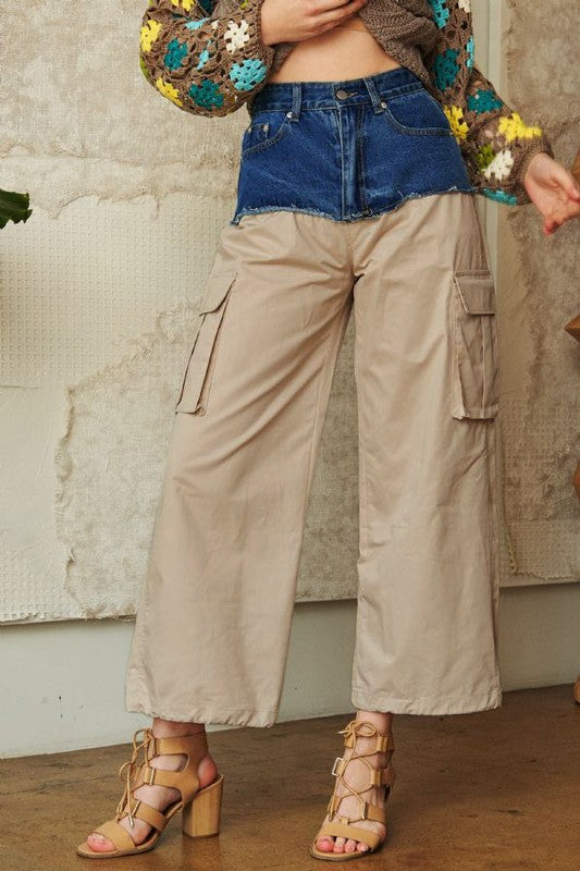 Davi & Dani Denim Patchwork Wide Leg Pants with Cargo Pockets Bottoms