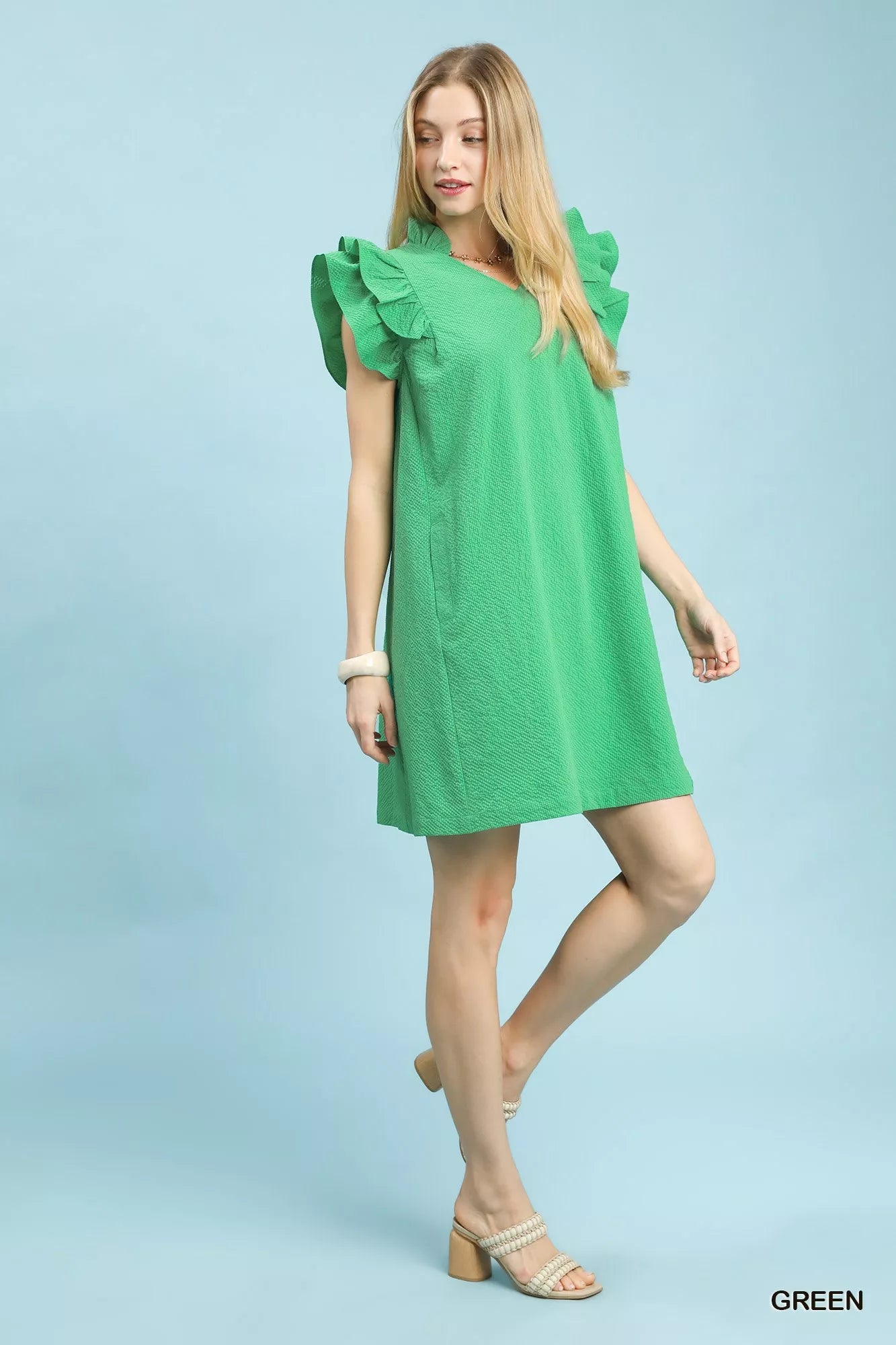 Umgee Seersucker Ruffle Shift Dress in vibrant green with textured fabric
