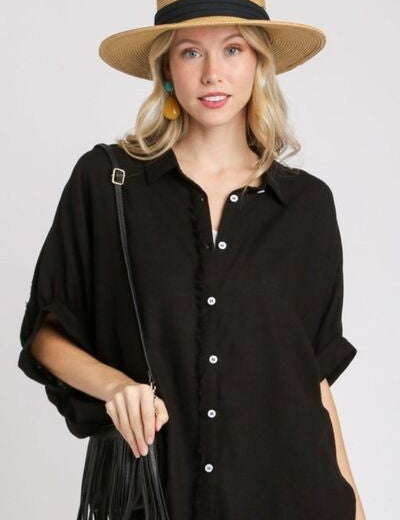 Umgee Full Size Linen Blend Button Down Shirt Plus Size Black Shirts