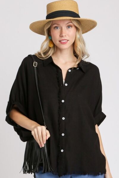 Umgee Full Size Linen Blend Button Down Shirt Plus Size Black Shirts