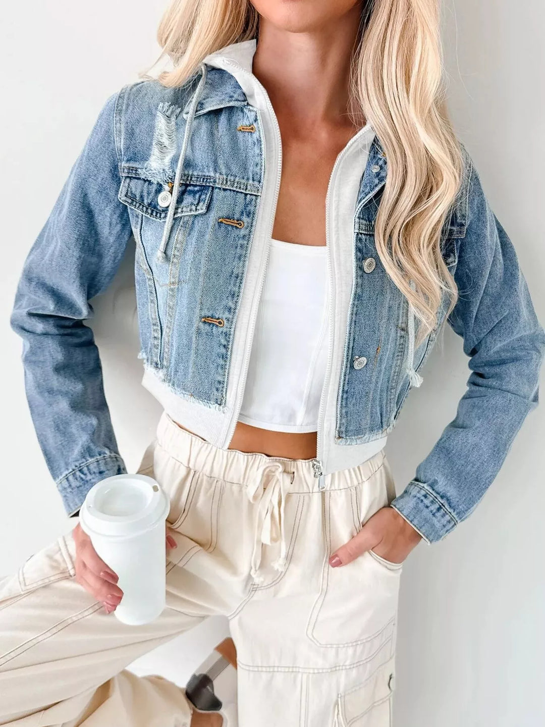 Dark Blue White Distressed Zip Up Cropped Hooded Denim Jacket | Denim Jackets Daverri Fashions