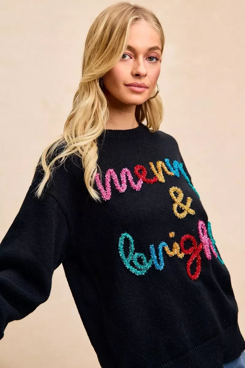 BiBi Tinsel Lettering Christmas Sweater - DAVERRI FASHIONS