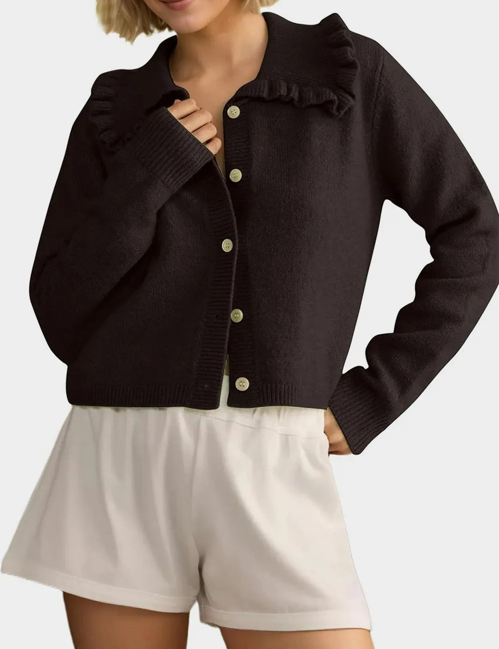 Black Frill Button Up Collared Neck Long Sleeve Cardigan | Cardigans Daverri Fashions