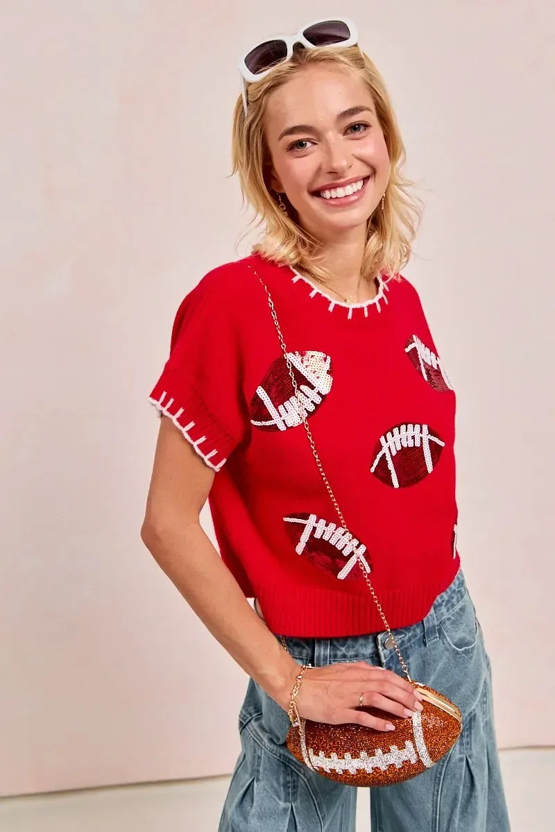 BiBi Gameday Sequin Football Embroidered Stitch Sweater - DAVERRI FASHIONS