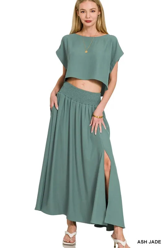 Zenana Heavy Woven Span Crop Tee & Skirt Set Outfit Sets